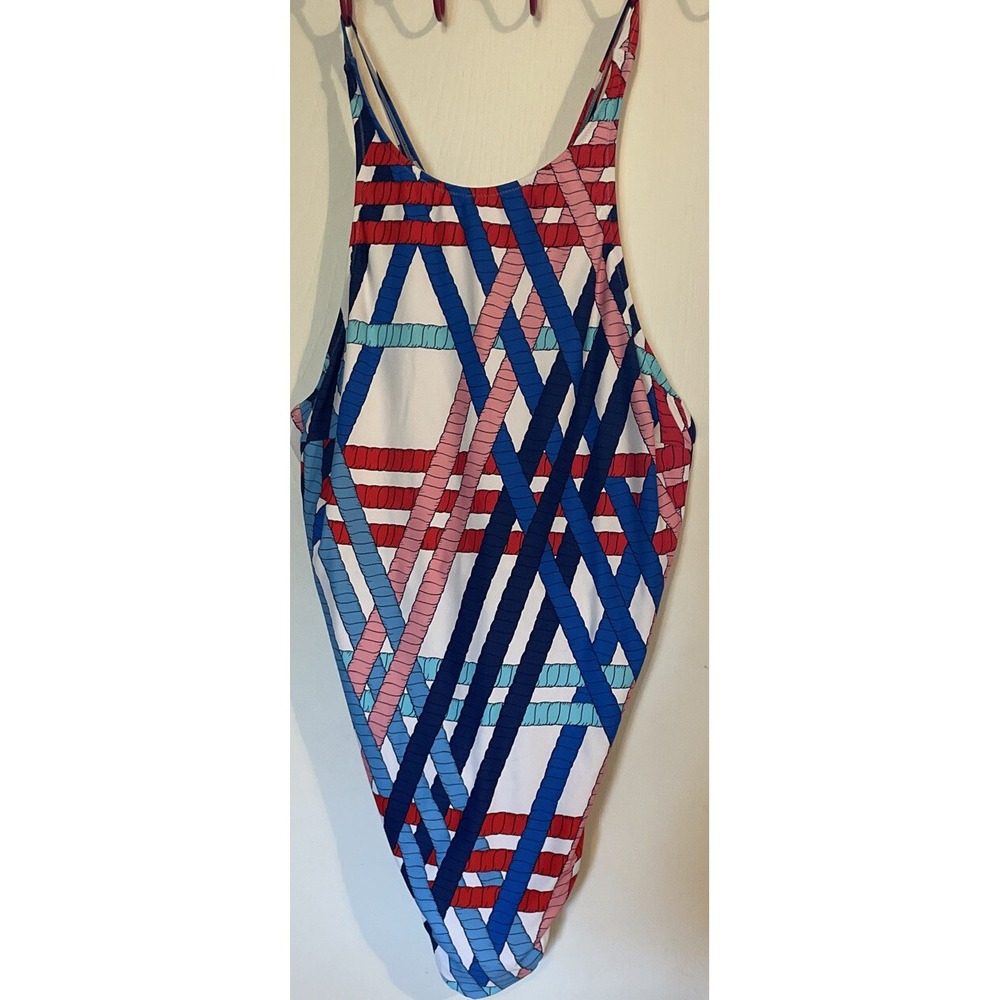 Sonsie 22W One Piece Swimsuit Multi Color Geometric Rope Print High Neck NEW